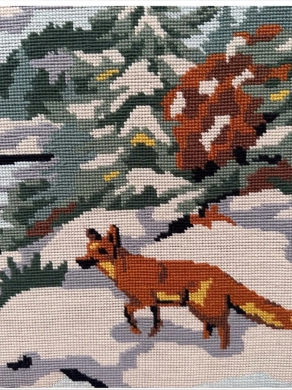 Vintage needlepoint fox winter scene 19x15